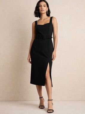 Banana Republic Black Square-Neck Belted Midi Dress with Side Slit